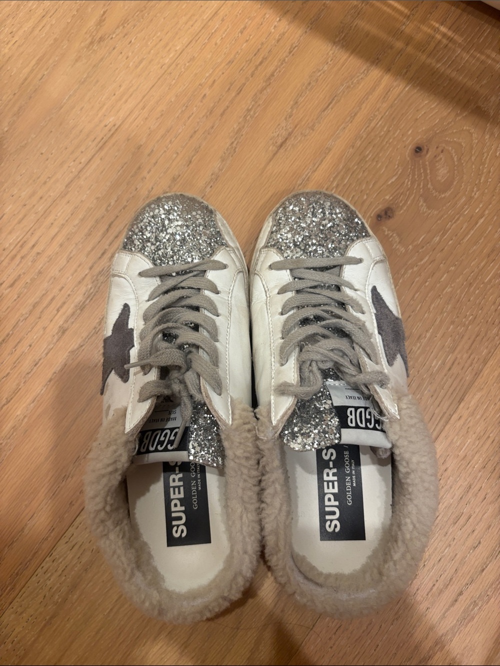 Golden Goose White Sneakers with Silver Glitter Toe and Gray Star. Size 38.